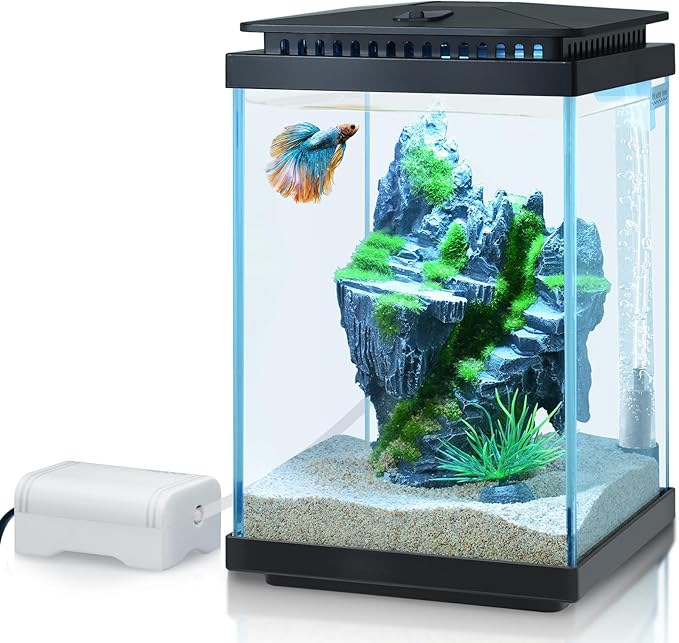 FEDOUR Small Glass Aquarium, 1 Gallon Desktop Fish Tank, Betta Fish Tank, Mini Aquarium Starter Kit with Air Pump LED Light Decoration Water Changer Fish Net (Black)-PurrikoPets