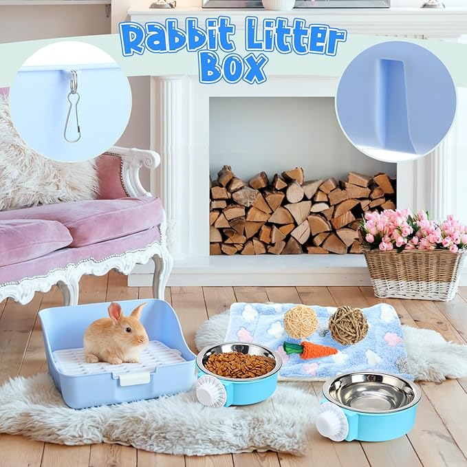 15 Pcs Rabbit Starter Kit Small Rabbit Litter Box Animal Grooming Kit Bunny Toys Bowl Blankets with Cleaning Set for Guinea Pig Accessories(Candy Blue)-PurrikoPets