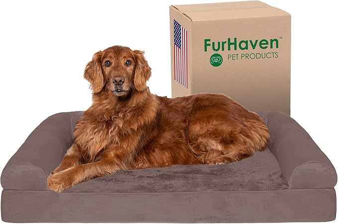 Furhaven Orthopedic Dog Bed for Large Dogs w/ Removable Bolsters & Washable Cover, For Dogs Up to 95 lbs - Faux Fur & Velvet Sofa - Driftwood Brown, Jumbo/XL-PurrikoPets