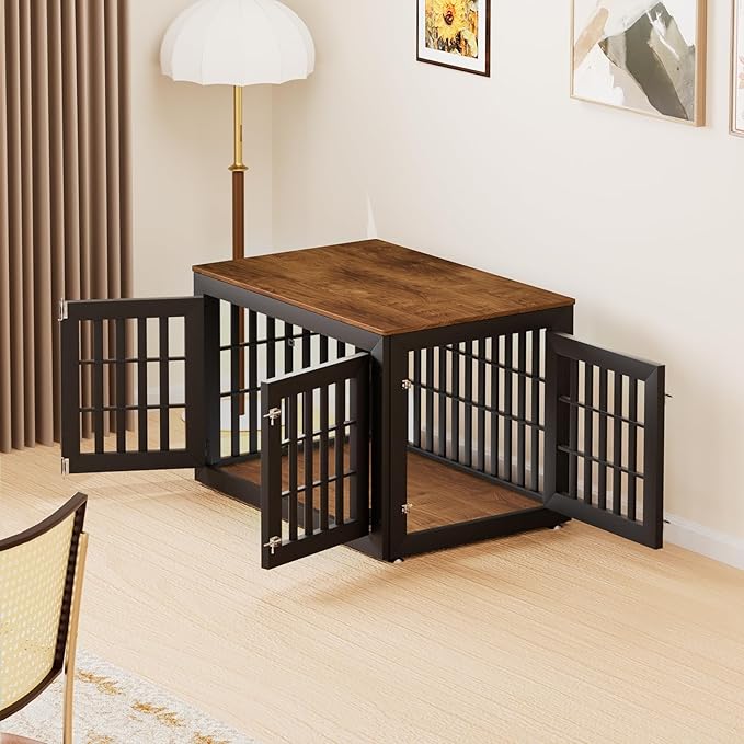42" Heavy Duty Dog Crate Furniture for Small,Medium and Large Dogs,Rustic Wooden Dog Cage Kennel Indoor Furniture with Waterproof Top,Decorative Pet House Side End Table (Black & Wood)-PurrikoPets