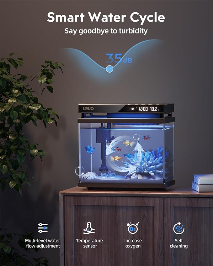 Fish Tank Smart Aquarium Kit: 2 Gallon UHD Glass Silent Water Pump Self Cleaning Multi-layer Filtration System - Temperature Sensing 7-color Lighting for Small Fish Betta Kids Room Desktop Decor Black-PurrikoPets