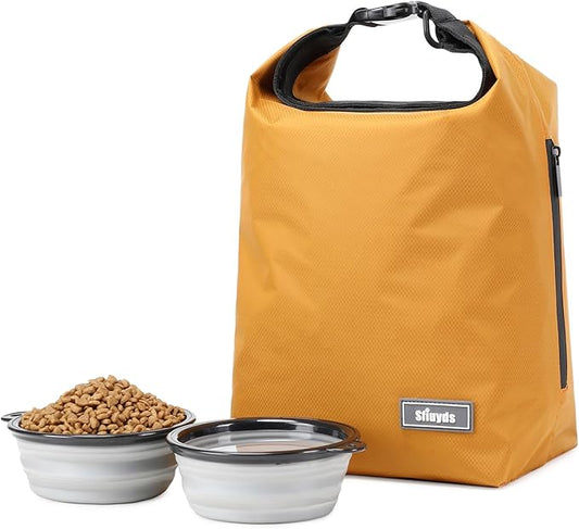 Dog Food Travel Bag w/2PCS Collapsible Dog Travel Bowls,dog food storage container 20 lb(Yellow, Large)-PurrikoPets