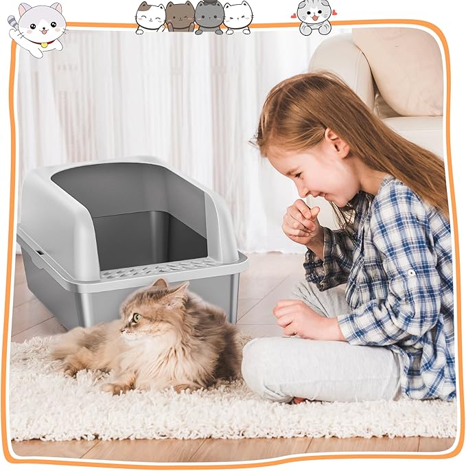 2 Pack Stainless Steel Litter Box, 24'' XL Extra Large Cat Litter Box with Lid, Metal Litter Boxes for Multiple Cats, Anti-Leakage,Non-Stick, Easy to Clean, Included Cat Litter Mat, Scoop-PurrikoPets