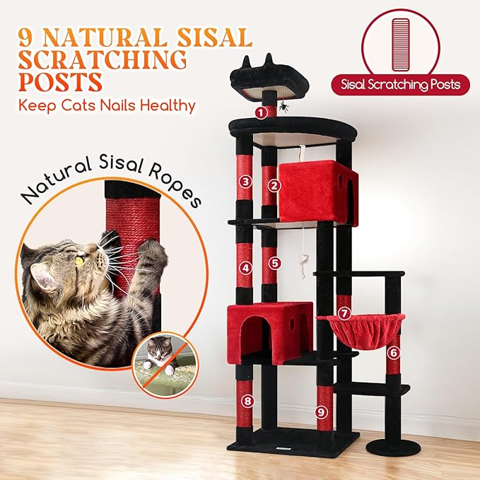 Globlazer Gohtic Giant Cat Tree, 83 inch Goth Cat Tree for Indoor Cats Large Adult, XXL Cat Tower with 9 Scratching Posts for 20lb+ Heavy Duty Large Adult Cats, F83, Blood-Goth-PurrikoPets