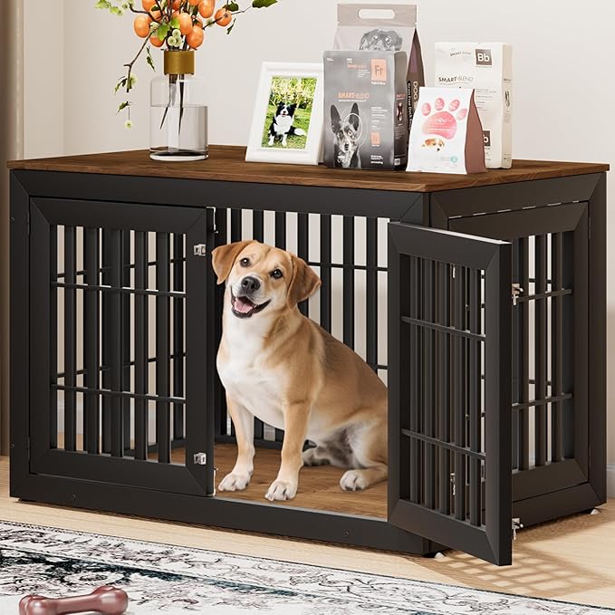 48" Heavy Duty Dog Crate Furniture for Small,Medium and Large Dogs,Rustic Wooden Dog Cage Kennel Indoor Furniture with Waterproof Top,Decorative Pet House Side End Table (Black & Wood)-PurrikoPets