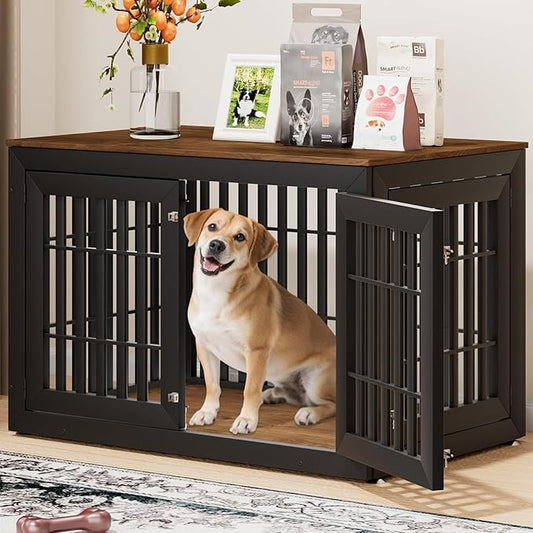 48" Heavy Duty Dog Crate Furniture for Small,Medium and Large Dogs,Rustic Wooden Dog Cage Kennel Indoor Furniture with Waterproof Top,Decorative Pet House Side End Table (Black & Wood)-PurrikoPets