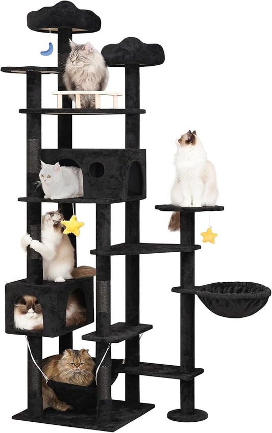 85inch Giant Cat Tree for Heavy Duty Big Cats, Multi-Level Luxury Cat Tower with Scratching Post, Cat Condo with Hammocks & Plush Perches for Indoor Cats Large Adult, Black-PurrikoPets
