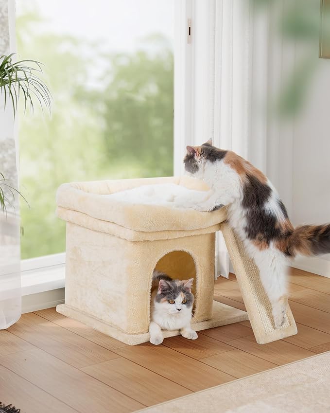 14in Cat Tree Tower with Large Perch, 20 * 16.5 Inch Top Bed for Adult Cats, Scratching Post with Bed for Kittens, Beige-PurrikoPets