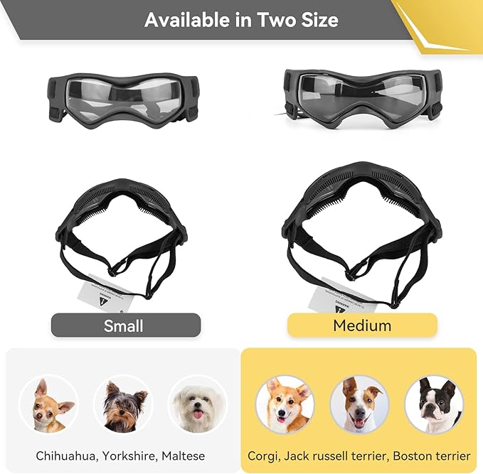 Dog Goggles Dog Sunglasses for Medium Breed UV Protection Windproof with Adjustable Head Straps Chin Straps for Ride Car/Hiking Travel/On Beach-Black-PurrikoPets