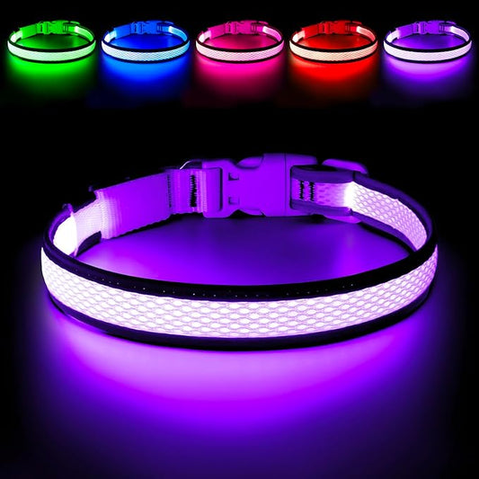 Flashseen LED Dog Collar, USB Rechargeable Light Up Dog Collar Lights, Adjustable Comfortable Soft Mesh Safety Pet Collar for Small, Medium, Large Dogs (Purple, Small)-PurrikoPets
