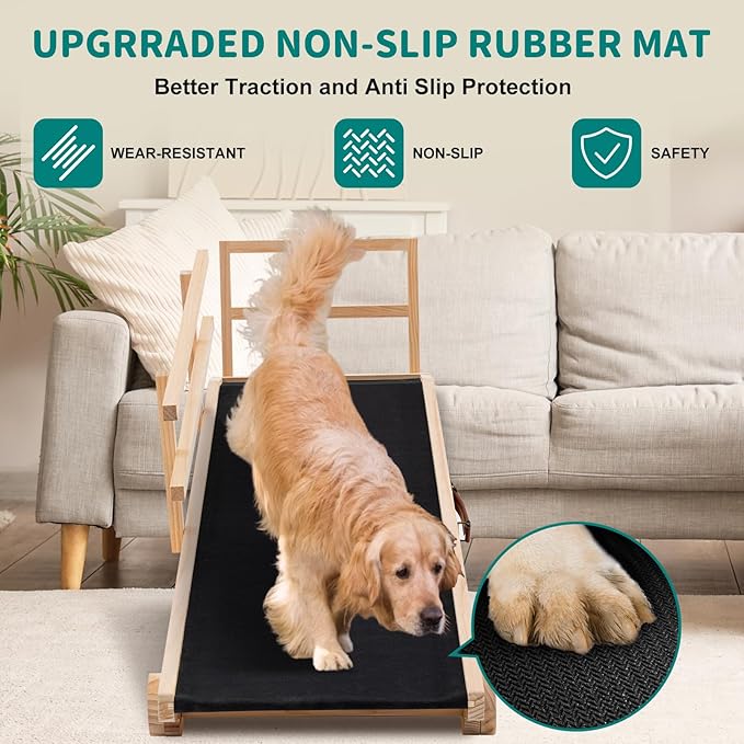 Dog Ramp for Bed, Adjustable Pet Ramps for Dog to Get on Bed, Non-Slip Rubber Surface - Folding Wooden Dog Ramp for Small/Large/Old Dogs, Adjustable up to 27.5 inch High Beds, Safety Railings-PurrikoPets