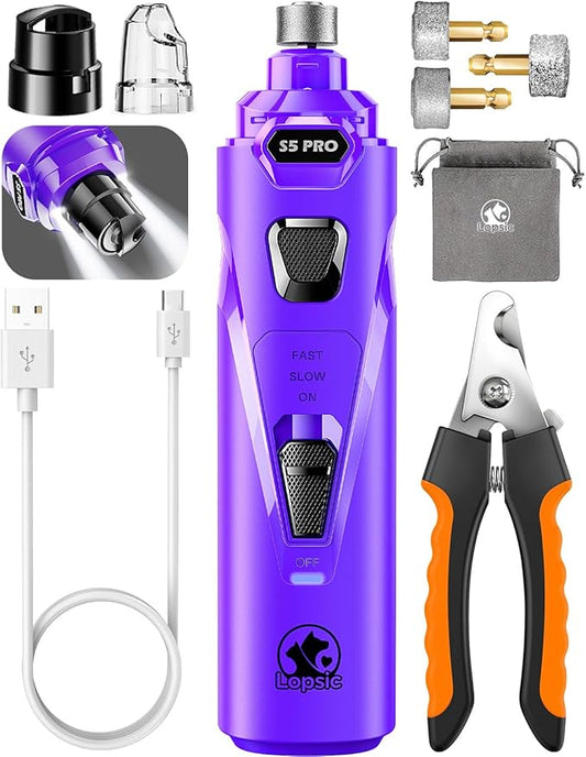 Dog Nail Grinder with 2 LED Lights Powerful 2 Speeds Super Quiet Dog Nail Trimmers with 3 Grinding Wheels Rechargeable Pet Dog Nail Clippers for Large Medium Puppy Dogs Dog Nail File Cat Nail Clipper-PurrikoPets