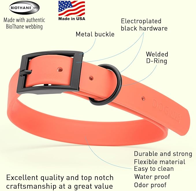 Dogline Biothane Waterproof Dog Collar Strong Coated Nylon Webbing with Black Hardware Odor- Proof for Easy Care Easy to Clean High Performance Fits Small Medium or Large Dogs, Coral-PurrikoPets