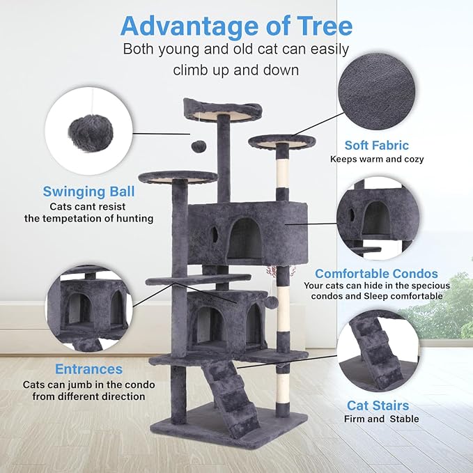 FDW Cat Tree 54in Cat Tower Multi-Level Durable Cat Scratching Post & Cozy Fun Cat Jumping Platform Space Saving Cat Condo Pet Play House for Indoor Cats,Ashy-PurrikoPets