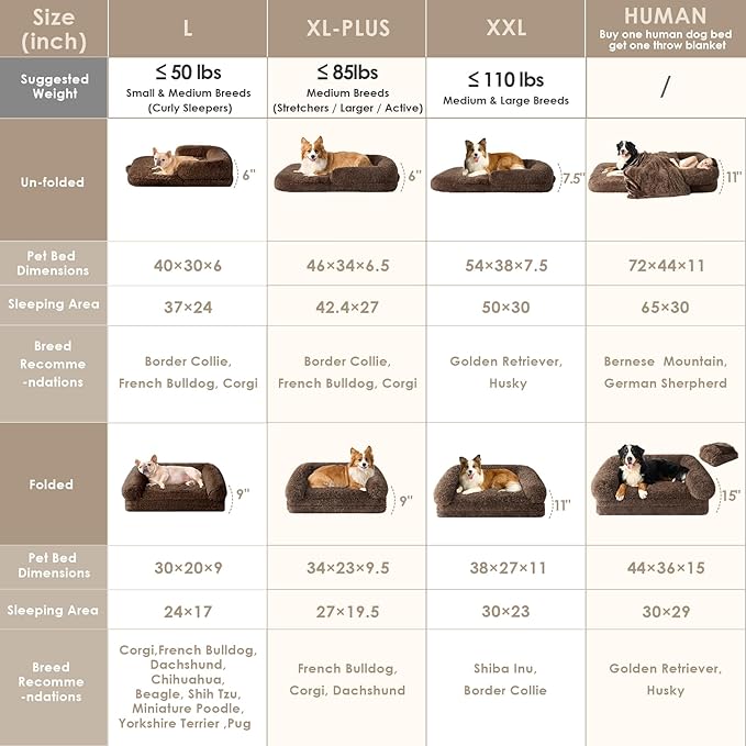 EHEYCIGA Foldable XXL Dog Bed, Faux Fur Fluffy Pet Couch Bed for Extra Large Dogs, Orthopedic Calming Memory Foam Big Pet Bed, Washable Soft Pet Sofa Bed with Non-Slip Bottom, Brown, 54"x38"x7.5"-PurrikoPets