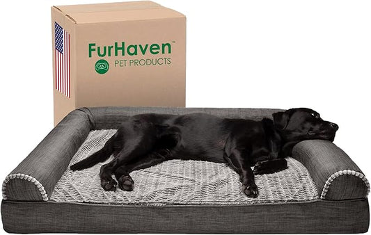 Furhaven Orthopedic Dog Bed for Large Dogs w/ Removable Bolsters & Washable Cover, For Dogs Up to 125 lbs - Luxe Faux Fur & Performance Linen Sofa - Charcoal, Jumbo Plus/XXL-PurrikoPets