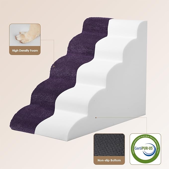 EHEYCIGA Curved Dog Stairs Ramp for High Beds 22.6" H, 5-Step Dog Steps for Small Dogs and Cats, Pet Stairs for High Bed Climbing, Non-Slip Balanced Pet Step Indoor, Purple-PurrikoPets