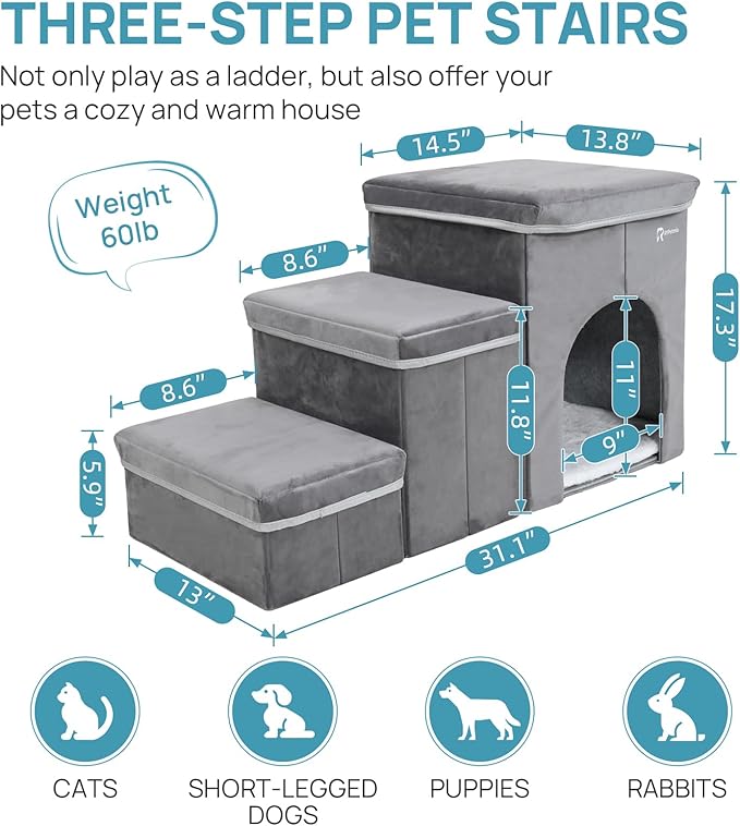 Foldable Pet Stairs for Beds & Sofas - Non-Slip Dog Steps with Storage for Small to Medium Dogs & Cats, Supports up to 120 lbs - Durable 2 & 3-Step Doggie Ladder for Easy Access-PurrikoPets