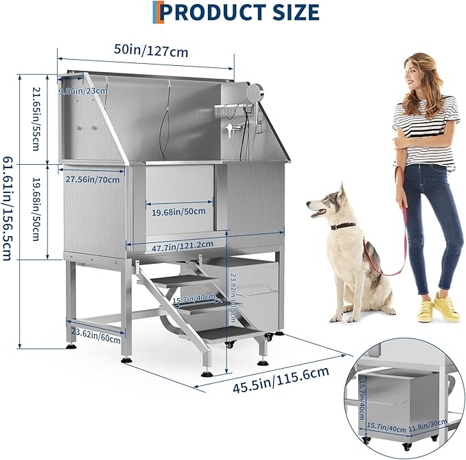 50" Stainless Steel Professional Dog Washing Station - Pet Bathing Tub w/Non-Slip Stairs & Storage Shelf | Slip-Resistant Floor Grate | for Large/Medium/Small Dogs-PurrikoPets