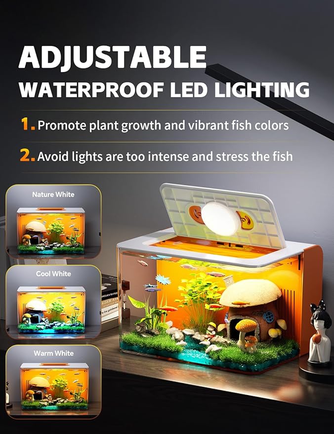 2.5 Gallon Fish Tank Small Aquarium Starter Kit with Hidden Filtration, 3 Color Light, Self Cleaning Nano Tank for Betta, Shrimp, Guppy, Angelfish-PurrikoPets