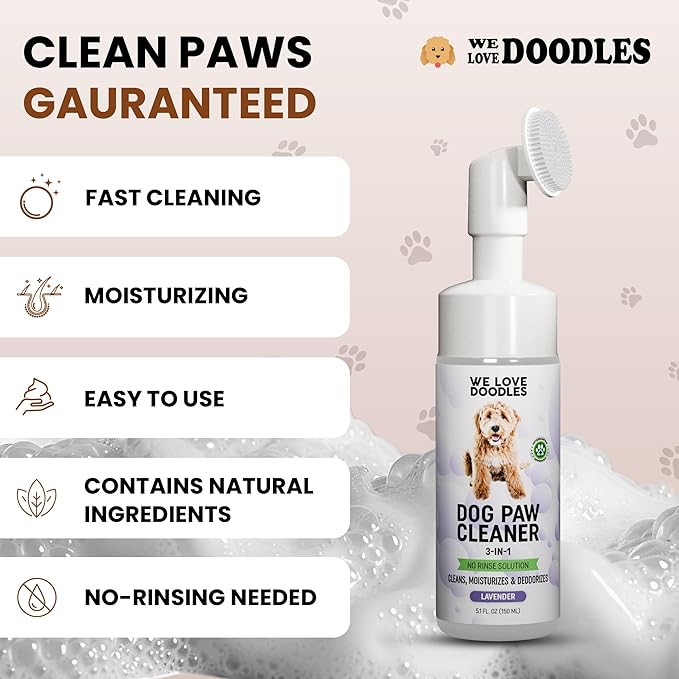 Dog Paw Cleaner (Over 100+ Feet Cleanings) No-Rinse Dog Foot Washer, Gentle and Safe Paw Cleaner for Dogs and Cats, Foam Formula, Moisturizes and Deodorizes, 150mL (Lavender) [We Love Doodles]-PurrikoPets