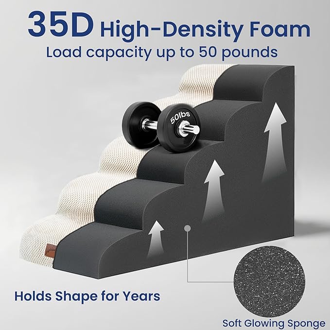 GoGoBunny Ramp Dog Stairs for High Beds 22.6" H, 5-Step Dog Slope Stairs with Durable Waterproof Fabric Cover, Pet Steps for Old Large Dogs Climbing, Non-Slip Sturdy Indoor Step, Beige-PurrikoPets