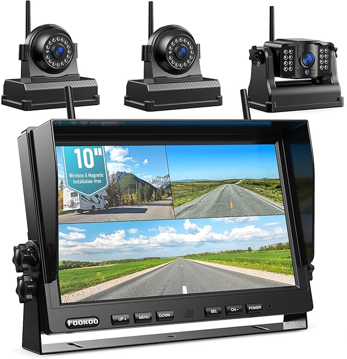 Fookoo HD 10" Magnetic Wireless Backup Camera,10" IPS Split Screen Monitor, Rechargeable 2 Side View 1 Rear View Cameras,Low Consumption 1-Min Install No Drilling Recording for Trailer Truck DCX103-PurrikoPets