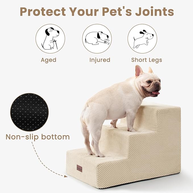 Dog Stairs for Small Dogs & Cats, 3-Step Extra Wide Non-Slip Pet Steps for Couch Sofa and Chair, Beige, 15.7" H-PurrikoPets