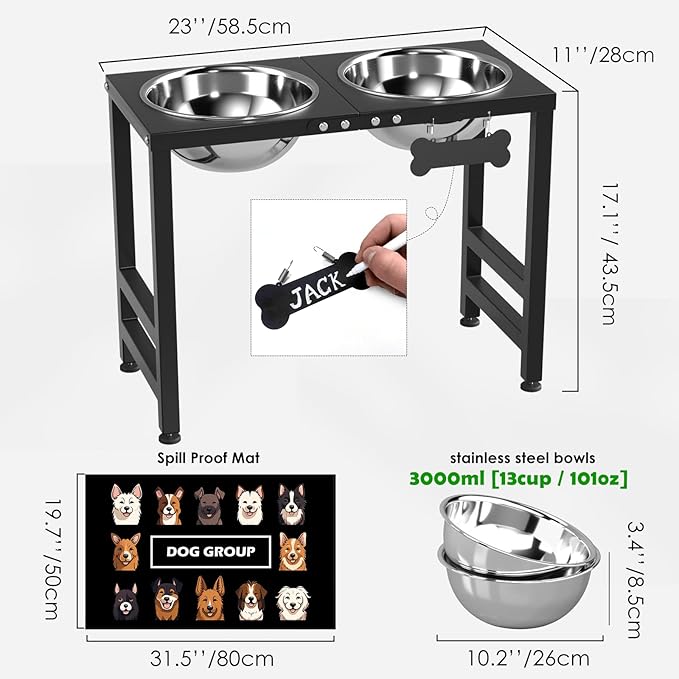 Elevated Dog Bowls for Large Extral Large Breed, Raised Bowl Stand with 2 Stainless Steel Bowls (101oz) and Spill-Proof Mat, 17" Tall Dog Feeder for Extra Large Breeds-PurrikoPets