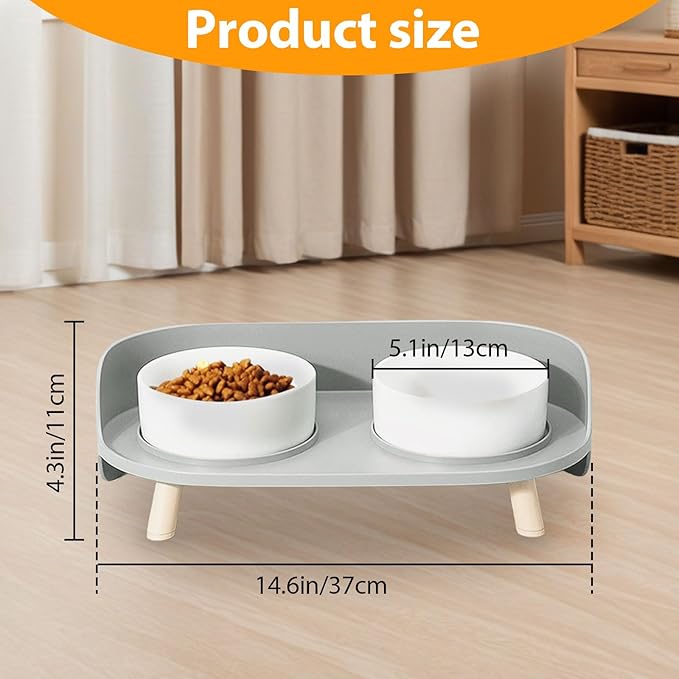 Elevated Dog Bowls Set, Ceramic Pet Food & Water Bowls with Non-Slip Stand, No Spill Design for Cats/Small Medium Dogs Gray-PurrikoPets