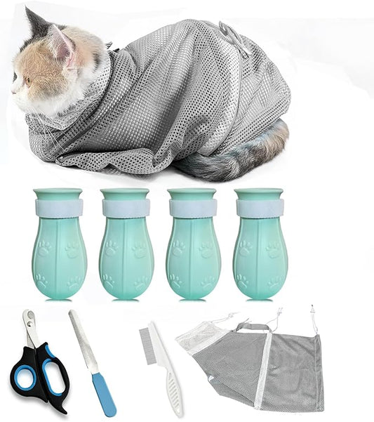8 Piece Cat Grooming Supplies ，Adjustable Multifunctional Anti-Bite Shower net Bag，Cat Claw Covers，Cat Bath Brush and Cat Nail Clipper(Grey-B)-PurrikoPets