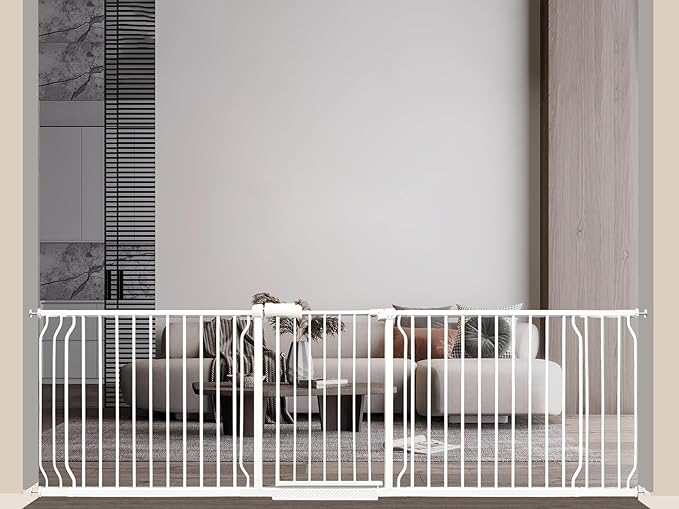 Extra Wide Baby Gate 85.8-104.5 Inch, Pressure Mounted No Drilling, for Stairs & Doorways, Metal White Indoor Safety Gate for Kids and Dogs-PurrikoPets