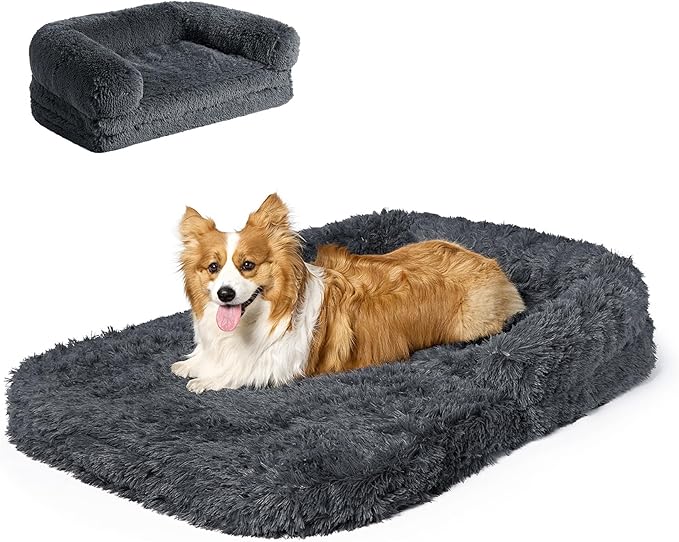 EHEYCIGA Foldable XL Dog Bed, Faux Fur Fluffy Pet Couch Bed for Large Dogs, Orthopedic Calming Memory Foam Big Pet Bed, Washable Soft Pet Sofa Bed with Non-Slip Bottom, Dark Grey, 46"x34"x6.5"-PurrikoPets