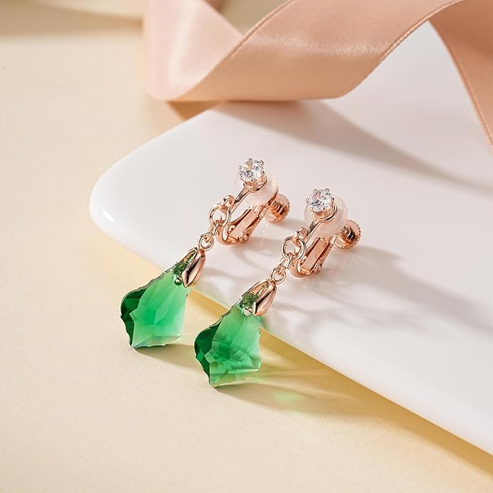 Austrian Crystal Baroque Drop Clip On Dangle Earrings for Women Non Pierced 14K Rose Gold Plated Hypoallergenic Jewelry