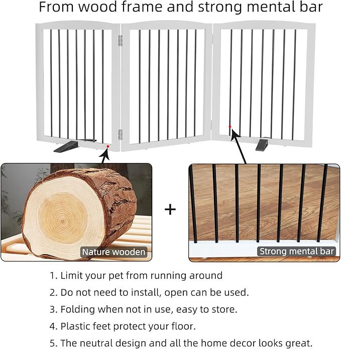 Foldable Wooden Freestanding Dog Gate - 32" H, 3 Panels, Stairs/Doorways, Support Feet Included, White-PurrikoPets