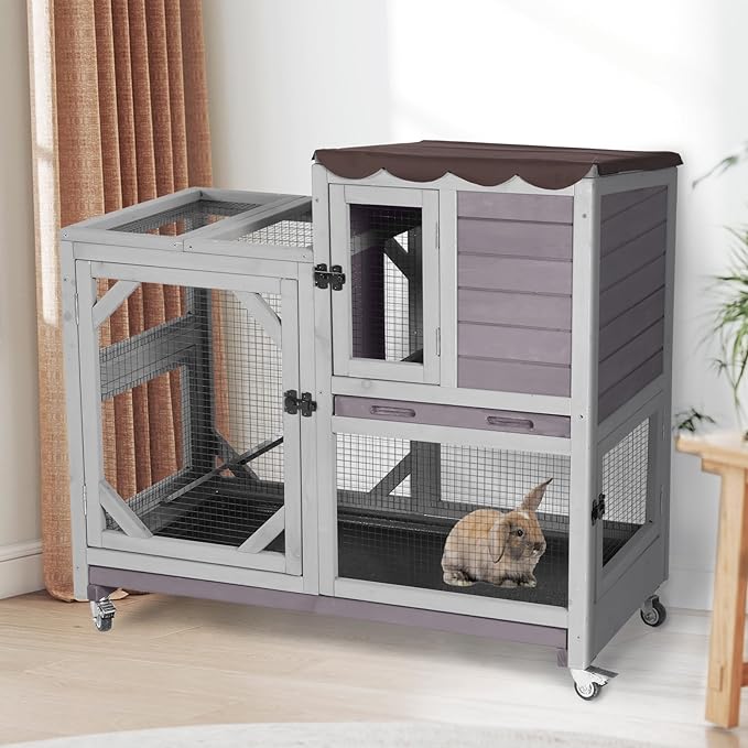 Aivituvin Rabbit Cage Indoor Outdoor Bunny Hutch on Wheels, 2 Story Wood Guinea Pig Cages with 2 Deeper Pull Out Trays (Gray)-PurrikoPets