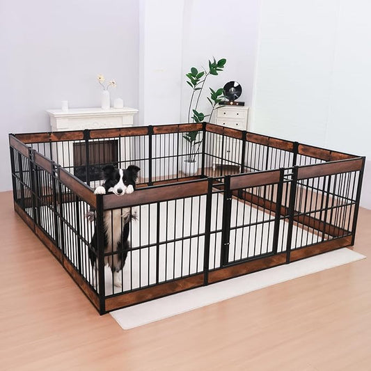 Dog Playpen, 31.5" Height Dog Pen Indoor, Heavy Duty, Safe and Sturdy, Furniture Style Puppy Pen (12 Panels (31.5" High), Rustic Brown)-PurrikoPets
