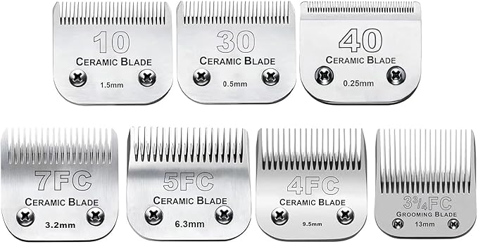 7pcs Dog Grooming Blades Compatible with Andis/Wahl/Oster Dog Clippers,Detachable Ceramic Blade & Stainless Steel Blade,Size:#3FC+4FC+5FC+7FC+10+30+40-PurrikoPets