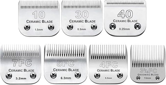 7pcs Dog Grooming Blades Compatible with Andis/Wahl/Oster Dog Clippers,Detachable Ceramic Blade & Stainless Steel Blade,Size:#3FC+4FC+5FC+7FC+10+30+40-PurrikoPets