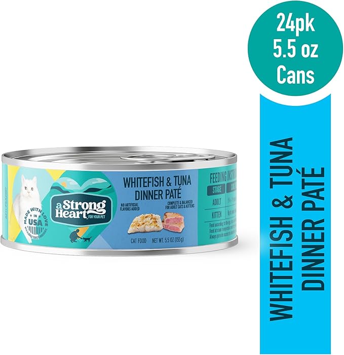 A Strong Heart Canned Wet Cat Food, Whitefish & Tuna Dinner Paté - 5.5 oz Cans (Pack of 24), Made in The USA with Real Ocean Whitefish & Tuna-PurrikoPets