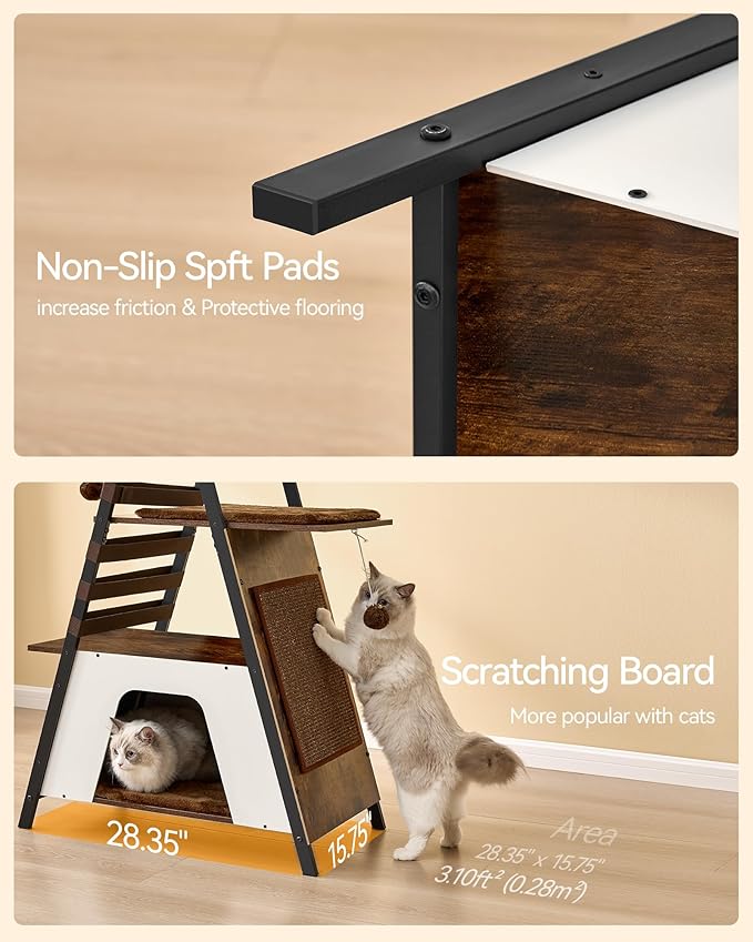 FourFurPets 72.4" Modern Cat Tower for Indoor Cats - Multi-Level Condo With Caves, Tall Tree With Scratching Board, Wooden Tower With Large Perch, Removable Pads, Rustic Brown-PurrikoPets