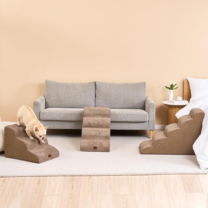 EHEYCIGA Curved Dog Stairs Ramp for Small Dogs 15.7" H, 3-Step Dog Steps for Couch Sofa and Chair, Pet Stairs for Cats, Non-Slip Balanced Pet Steps Indoor, Camel-PurrikoPets