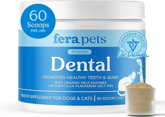Fera Pets Cat & Dog Dental Support Powder - Supports Fresh Breath - Promotes Healthy Teeth and Gums - Targets Tartar Build-Up - Includes Kelp, Enzymes & Postbiotics - 60 Scoops-PurrikoPets
