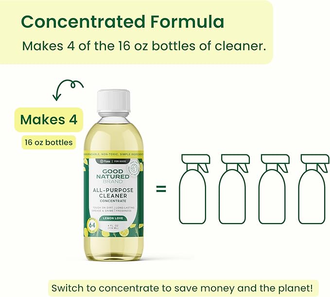 Good Natured Brand All-Purpose Cleaner Concentrate + 16 oz Bottle | Multi-Surface Cleaner | Natural Lemon Essential Oil | Multipurpose Cleaner All Surfaces | Lemon Love | 4oz makes 64oz-PurrikoPets