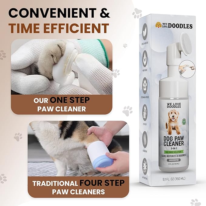 Dog Paw Cleaner (Over 100+ Feet Cleanings) No-Rinse Dog Foot Washer, Gentle and Safe Paw Cleaner for Dogs and Cats, Foam Formula, Moisturizes and Deodorizes, 150mL (Unscented) [We Love Doodles]-PurrikoPets