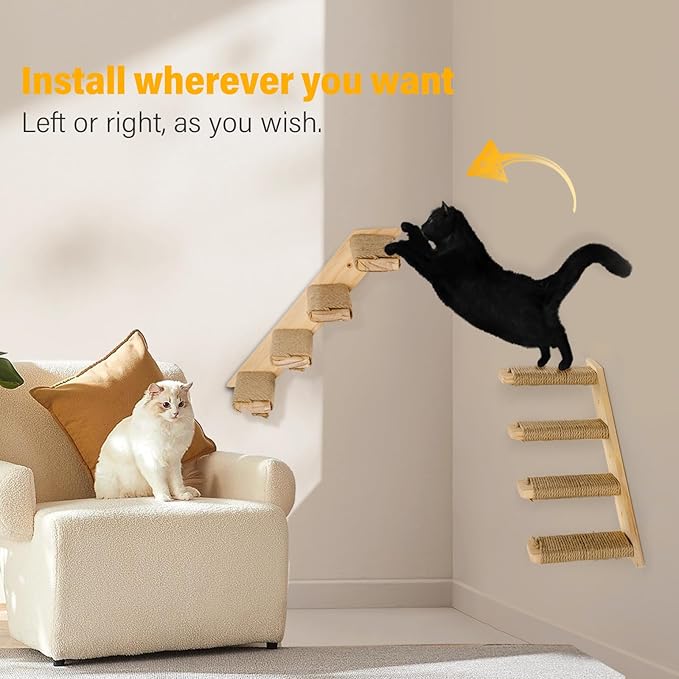 2 Pack 4 Steps Cat Wall Shelves Cat Stairs for Wall with Sisal Rope.Cat Wall Steps/Ladder Furniture ＆ cat Tree Supplies(Catstairs 2Pack-4Steps)-PurrikoPets