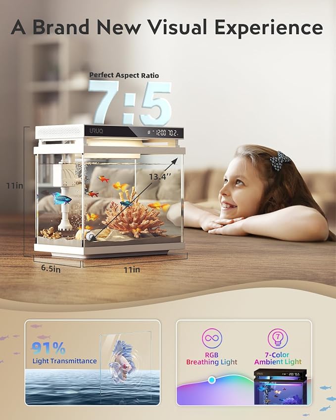 Fish Tank Smart Aquarium Kit: URUQ 2 Gallon Self Cleaning Multi-Layer Filtration System Silent Pump - UHD Glass 7-Color Lighting Temperature Monitoring - Fragrance Diffuser Humidifier White-PurrikoPets