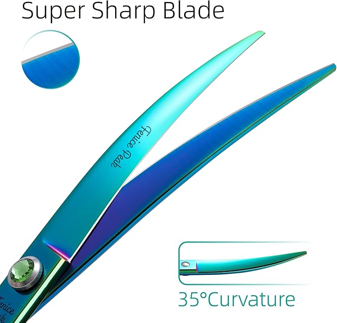 Fenice Peak 7.5'' Green Curved Dog Grooming Scissors Pet Shears with Ergonomic Offest Handle and Simulated Emerald Screw 440C Grooming Scissors Trimming Shears Durable and Sharp-PurrikoPets