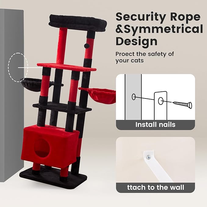 Gardner Pet 65in Heavy Duty Cat Tree Tower for Large Cats, Multi-Level Cat Furniture with Replaceable Sisal Scratching Post, Hammock | Extra-Large Platform & Condo (Black Red, Basic φ:2.84")-PurrikoPets