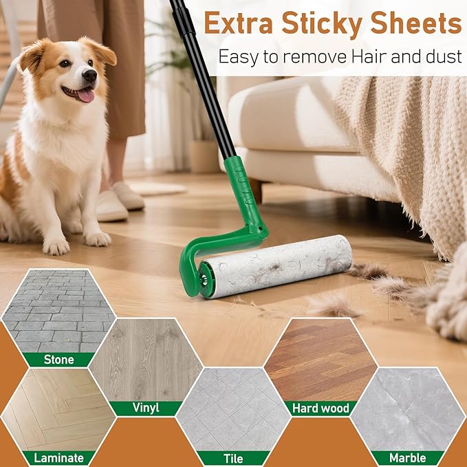 10" Large Lint Roller for Pet Hair Extra Sticky, Long Handle Floor Sticky Rollers with Big Lint Roller Refills for Cleaning Carpets, Cars, Furniture,Clothing, and Pet Hair,Green-PurrikoPets